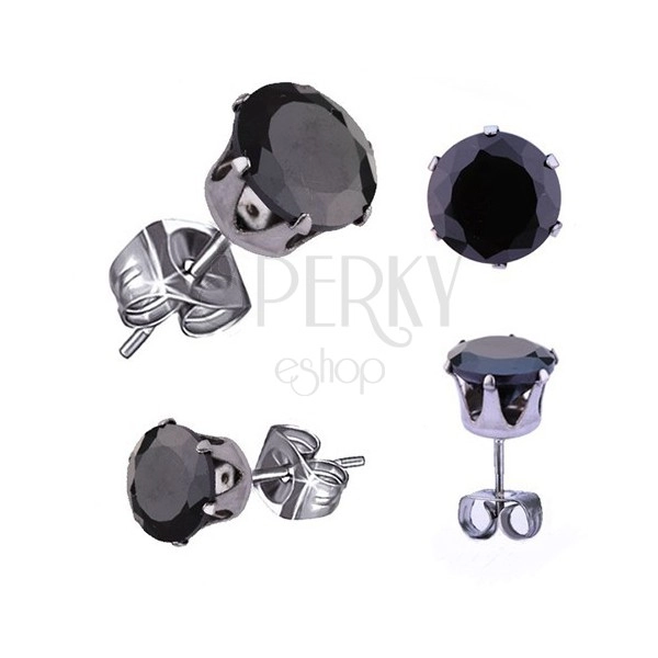 Kolczyki ze stali chirurgicznej, srebrny kolor, czarna okrągła cyrkonia, 4 mm
