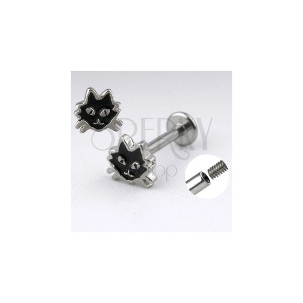 Stalowy labret srebrnego koloru - kot z czarną emalią