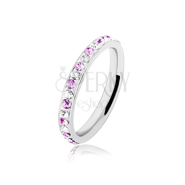 Lśniący stalowy pierścionek w srebrnym kolorze, biała emalia, fioletowe i bezbarwne cyrkonie