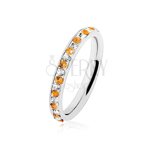 Stalowy pierścionek srebrnego koloru, bezbarwne i pomarańczowe cyrkonie, biała emalia