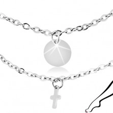 Stalowy łańcuszek na kostkę, srebrny kolor, zawieszki - płaskie koła i krzyże
