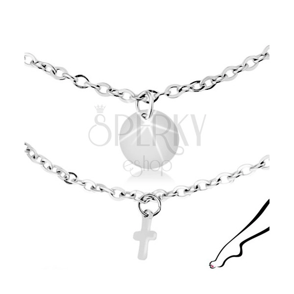 Stalowy łańcuszek na kostkę, srebrny kolor, zawieszki - płaskie koła i krzyże