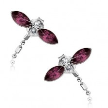 Srebrne kolczyki 925, ważki, fioletowe skrzydła z kryształków Swarovski, wiszący ogon