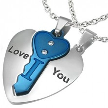 Stalowa dwuczęściowa zawieszka, serce srebrnego koloru z niebieskim kluczykiem, napis, cyrkonie