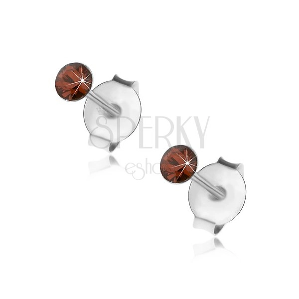 Srebrne 925 kolczyki, okrągły pomarańczowo-brązowy kryształek Swarovski, 2,5 mm
