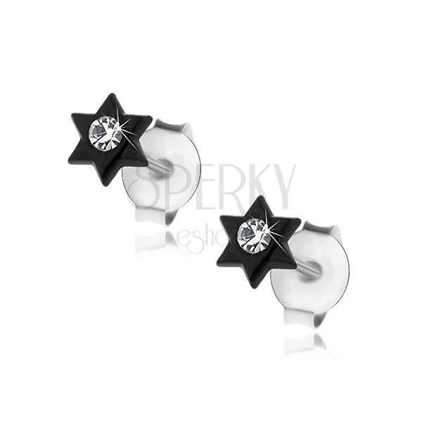 Sztyfty, srebro 925, czarna lśniąca gwiazdeczka, kryształek bezbarwnego koloru