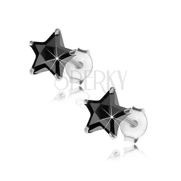 Kolczyki ze srebra 925, czarna cyrkoniowa gwiazdeczka, 7 mm