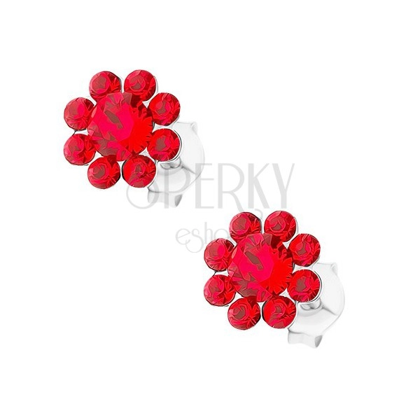 Srebrne 925 kolczyki, kwiatek z czerwonych kryształków Preciosa