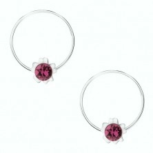 Okrągłe kolczyki ze srebra 925, fioletowy kwiatek, okrągły kryształ Swarovski