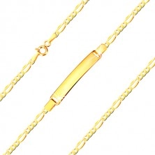 Złota bransoletka z płytką - spłaszczone podłużne ogniwa oraz trzy drobne oczka, 200 mm