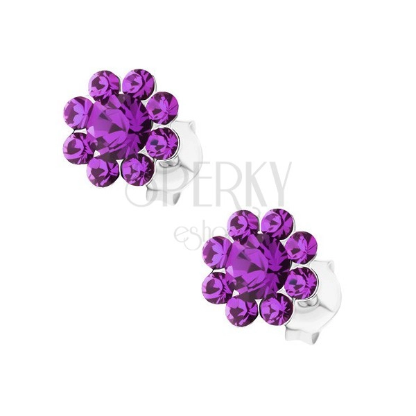 Kolczyki ze srebra 925, błyszczący kwiatek - fioletowe kryształki Preciosa