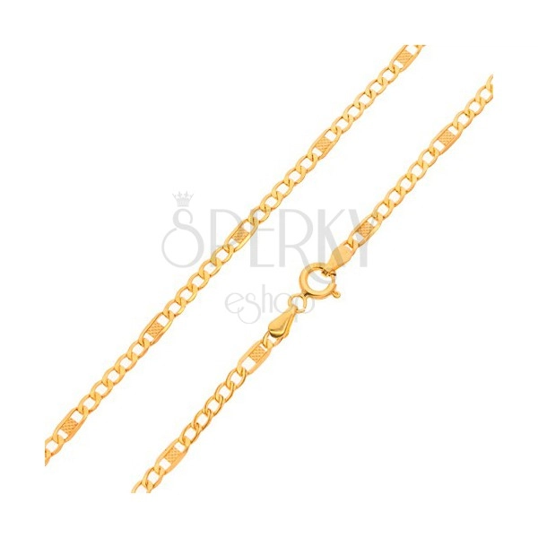 Złoty łańcuszek 585 - mniejsze spłaszczone ogniwa i jedno dłuższe z kratką, 550 mm