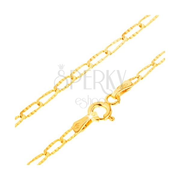 Złota bransoletka 585 - cienkie podłużne ogniwa, ozdobne rowki, 195 mm
