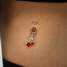 Stalowy piercing do brzucha, srebrny odcień, czerwone czereśnie, lśniące listeczki