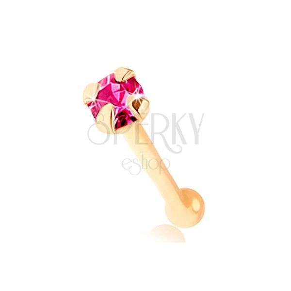 Złoty 375 piercing do nosa, prosty - lśniąca cyrkonia różowego koloru