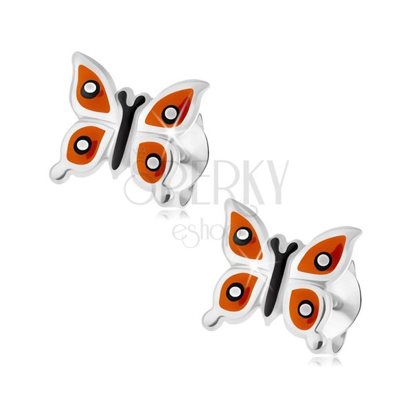 Srebrne kolczyki 925, lśniący motylek - pomarańczowe skrzydła, czarne i białe kropki