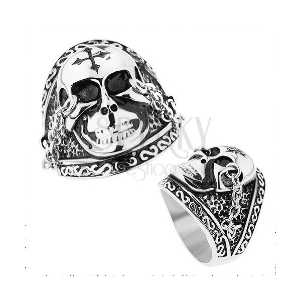 Stalowy pierścionek srebrnego koloru, lśniąca czaszka z krzyżem, łańcuszki, patyna