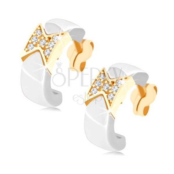 Złote kolczyki 375 - ceramiczne półokręgi białego koloru, błyszcząca kokardka