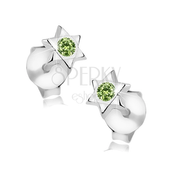 Srebrne 925 kolczyki, gwiazda Dawida, okrągły zielony kryształ Swarovski