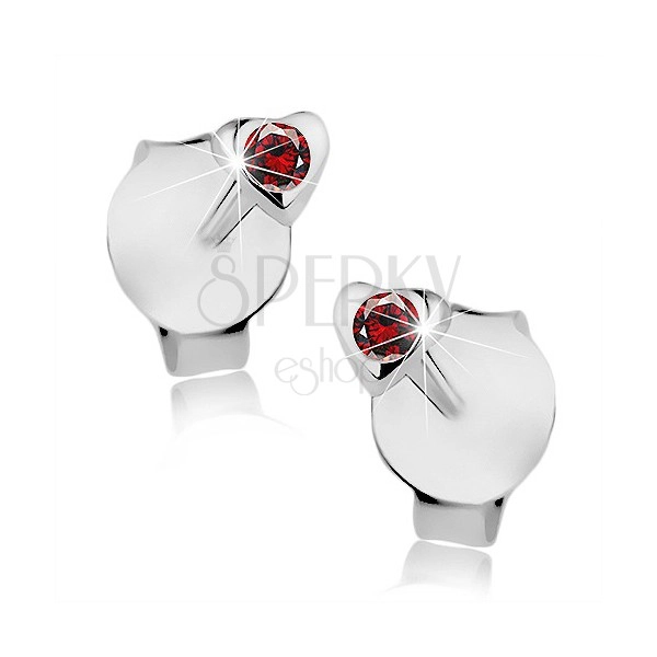 Srebrne 925 kolczyki, drobne serduszko, okrągły czerwony kryształ Swarovski