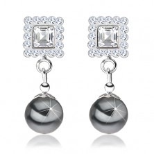 Kolczyki ze srebra 925, kwadrat ozdobiony szarymi kryształkami, szara perła