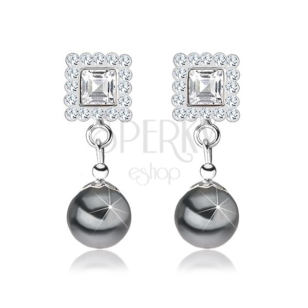 Kolczyki ze srebra 925, kwadrat ozdobiony szarymi kryształkami, szara perła