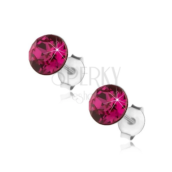 Srebrne kolczyki 925, okrągły kryształ Swarovski różowego koloru, 6 mm