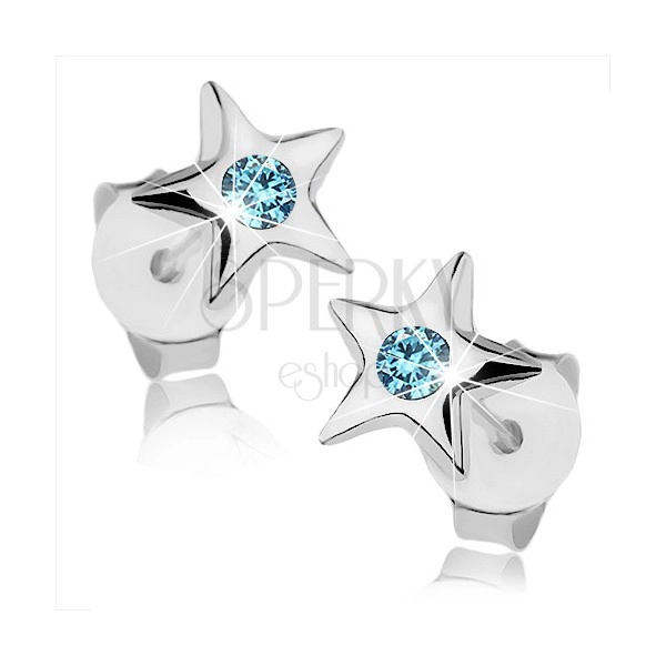 Srebrne 925 kolczyki, lśniąca pięcioramienna gwiazdeczka, niebieski kryształ