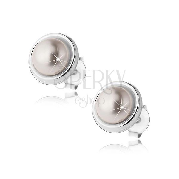 Kolczyki ze srebra 925, perłowo biała półkula, lśniąca oprawa
