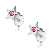 Srebrne kolczyki 925, lśniąca gwiazdeczka z kryształkiem w różowym odcieniu