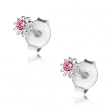 Srebrne 925 kolczyki, drobny kwiatek z różowym Swarovski kryształkiem