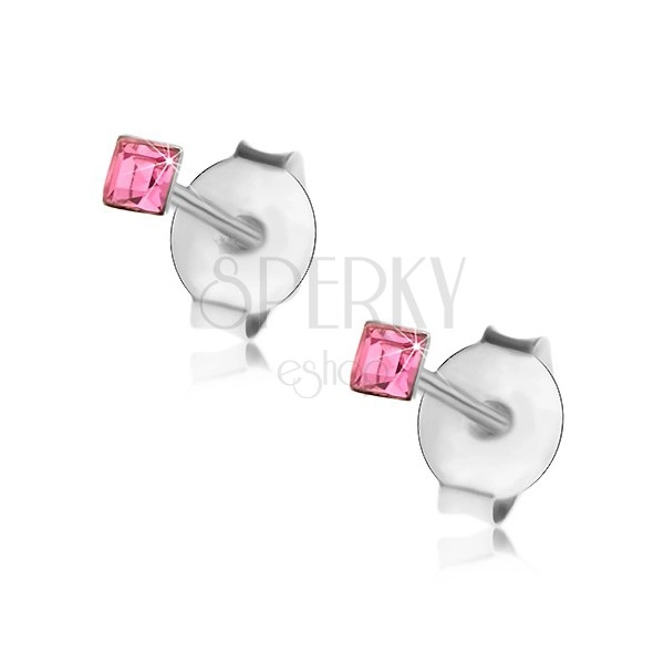 Kolczyki ze srebra 925, różowy kryształek Swarovski - kwadracik, 2 mm