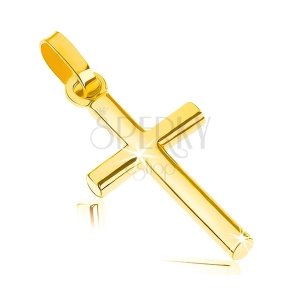 Zawieszka z żółtego 9K złota - mały łaciński krzyż, gładka lśniąca powierzchnia