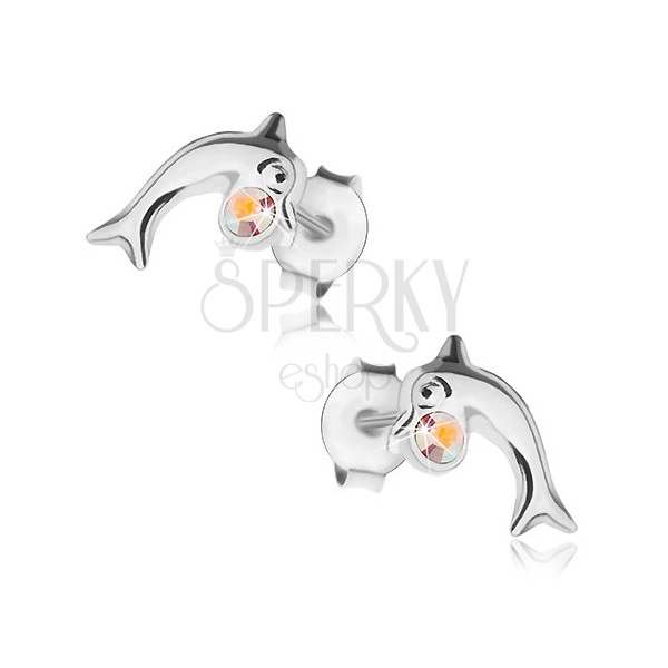 Kolczyki ze srebra 925, mały delfin z okrągłą cyrkonią o tęczowym połysku