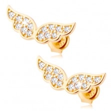 Złote kolczyki 375 - błyszczące anielskie skrzydła wyłożone przezroczystymi cyrkoniami
