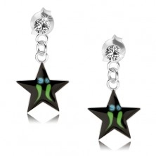 Srebrne kolczyki 925, czarna gwiazda - zielone paseczki, przezroczysty kryształ Swarovski