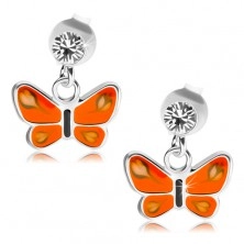Wkręty, srebro 925, przezroczysty kryształ, motyl z pomarańczowymi skrzydłami