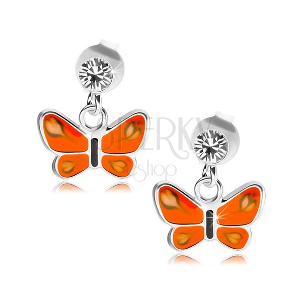 Wkręty, srebro 925, przezroczysty kryształ, motyl z pomarańczowymi skrzydłami