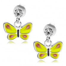 Srebrne kolczyki 925, żółty motyl, przezroczysty kryształ Swarovskiego