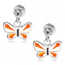 Srebrne 925 kolczyki, przezroczysty kryształek Swarovski, biało-pomarańczowy motylek