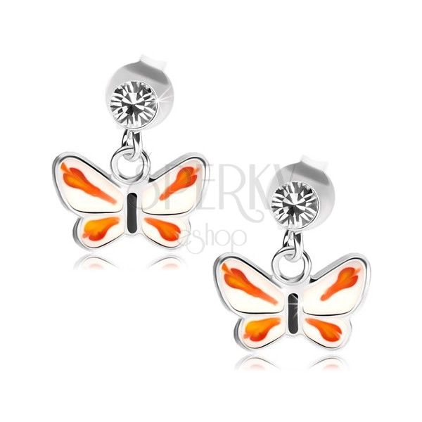 Srebrne 925 kolczyki, przezroczysty kryształek Swarovski, biało-pomarańczowy motylek