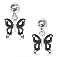 Srebrne kolczyki 925, czarno-biały motylek z wycięciami na skrzydłach, kryształ 