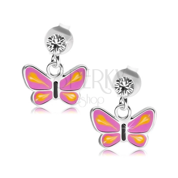 Srebrne kolczyki 925, motyl z fioletowymi skrzydłami, żółte łezki, przezroczysty kryształ