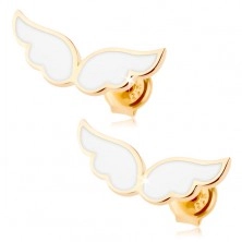 Złote kolczyki 375 - anielskie skrzydła ozdobione białą emalią, wkręty
