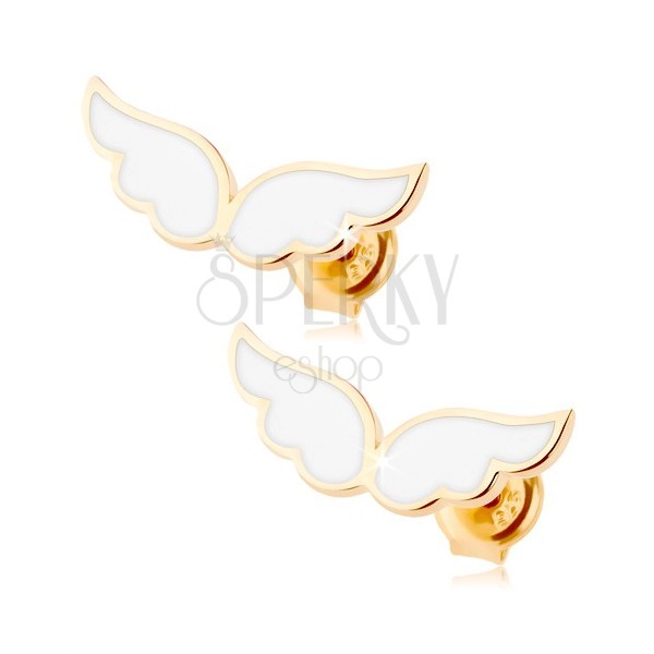 Złote kolczyki 375 - anielskie skrzydła ozdobione białą emalią, wkręty