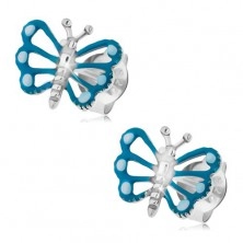 Kolczyki ze srebra 925, motyl z niebieskimi skrzydłami z patynowanym ciałem