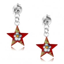 Kolczyki ze srebra 925, czerwona gwiazda z barwnym kwiatkiem, kryształ