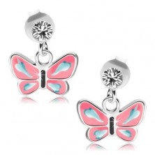 Srebrne kolczyki 925, przezroczysty kryształ Swarovski, motylek z różowymi skrzydłami