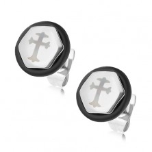 Stalowe kolczyki w kształcie sześciokąta, srebrny kolor, krzyż, czarna gumeczka
