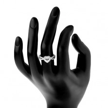 Srebrny pierścionek 925, błyszczące cyrkoniowe serce, rozdwojone przezroczyste ramiona